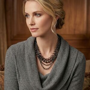 Gunmetal Multi-Strand Statement Necklace Layered Beaded Chain Bib